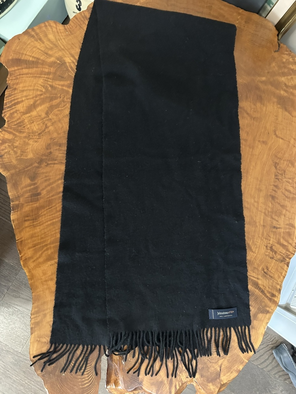 Johnstons of Elgin Black 100% Lambswool Fringed Scarf 14"x70"